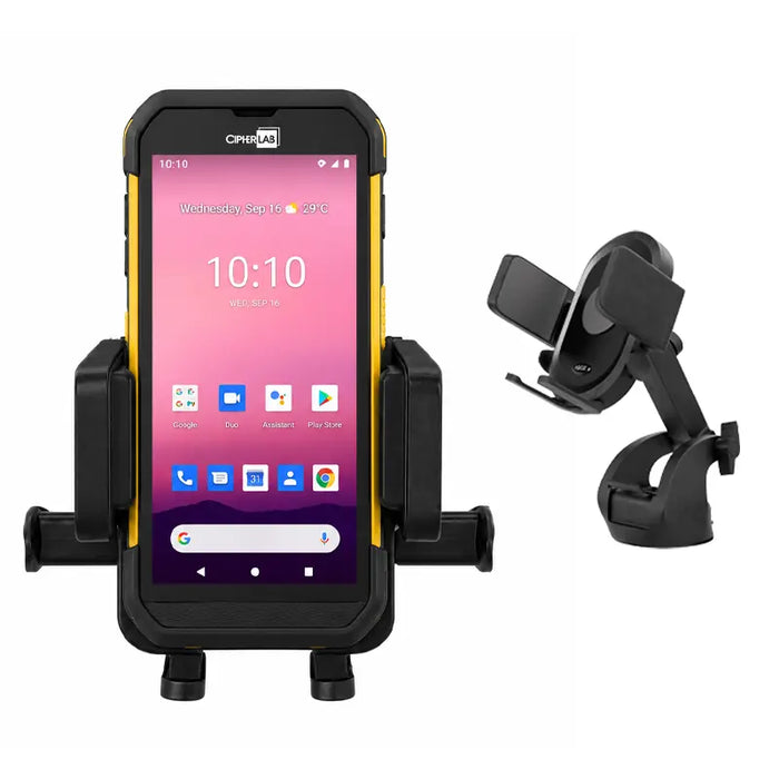Cipherlab mobile scanner secured in an AgozTech dashboard vehicle cradle mount with mount attachment options shown.