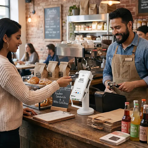 Customer making a contactless card payment on a Clover Flex terminal mounted on an Agoz white swivel stand at a café checkout counter.