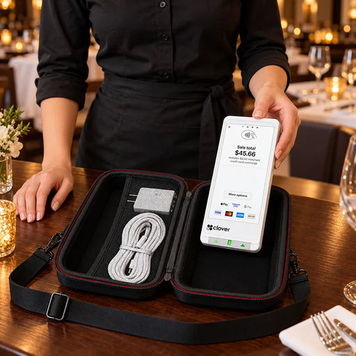 Restaurant server placing a white Clover Flex payment terminal into an open Agoz travel case, showing the charger, cable, and padded interior compartments.