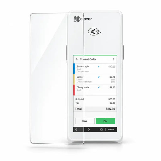 Clover Flex 2 C403 payment terminal with transparent Agoz tempered glass screen protector positioned beside the touchscreen on a white background.