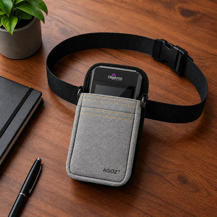 Gray Agoz waist holster with Dejavoo POS terminal on tabletop