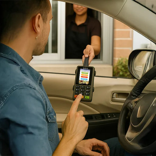 Adyen payment terminal used with AgozTech drive thru handheld mount at customer vehicle window
