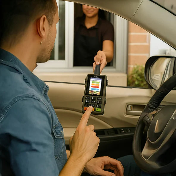 Customer using Shift4 Mobile POS Terminal in AgozTech drive-thru handheld mount at service window