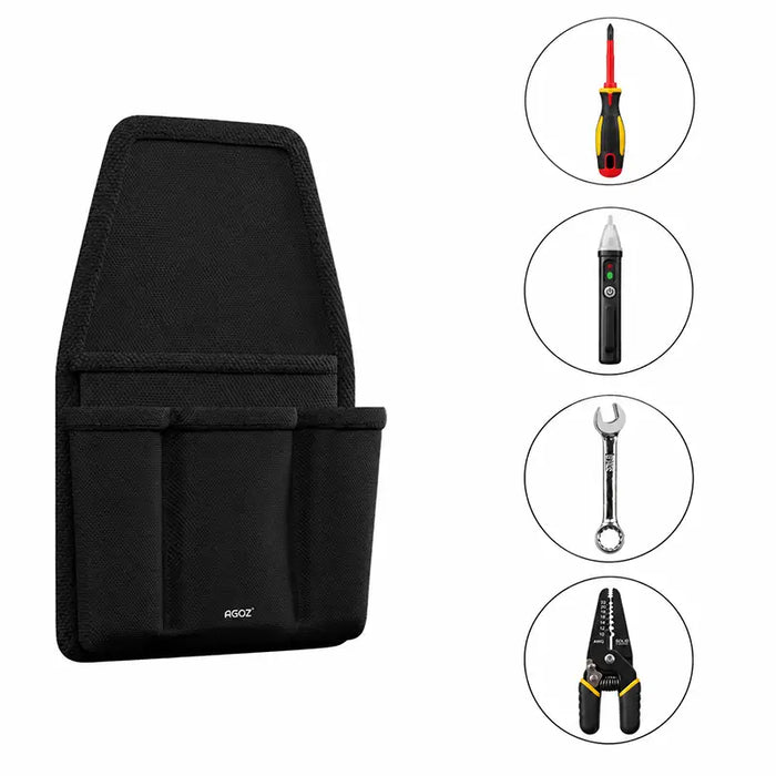 Front view of black Agoz utility tool pouch with three storage pockets, alongside illustrations of a screwdriver, voltage tester, wrench, and wire stripper.