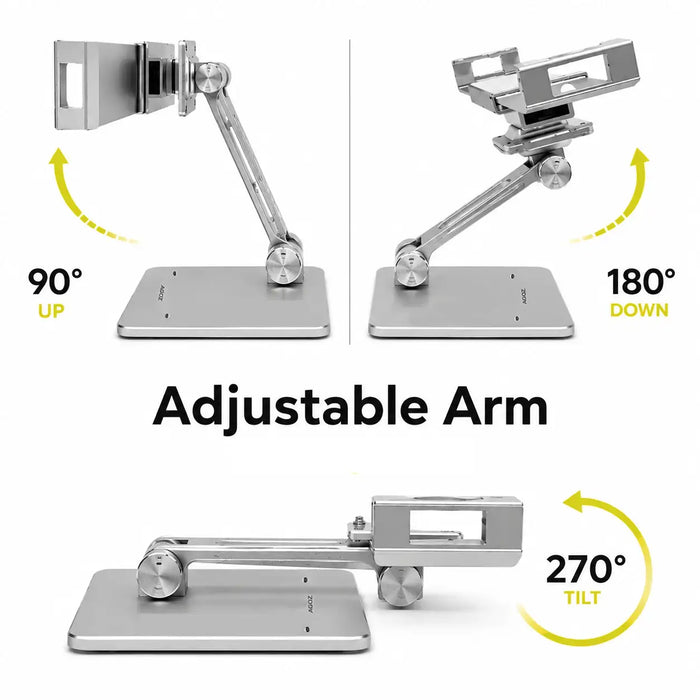 Agoz low-profile tablet stand demonstrating adjustable arm positions from 90 degrees up to 270 degrees of tilt.