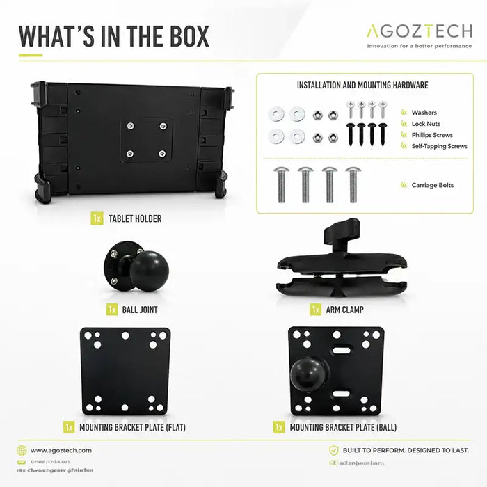 Agoz forklift tablet mount kit with tablet cradle, mounting plates, arm clamp, ball joint, and installation hardware