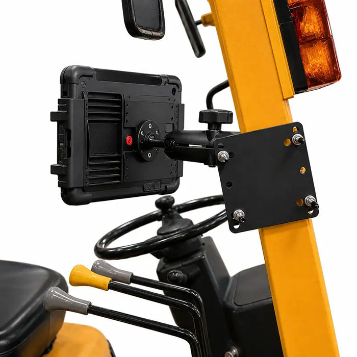 Rear view of AgozTech forklift tablet mount holder showing bracket arm and mounting plate installation