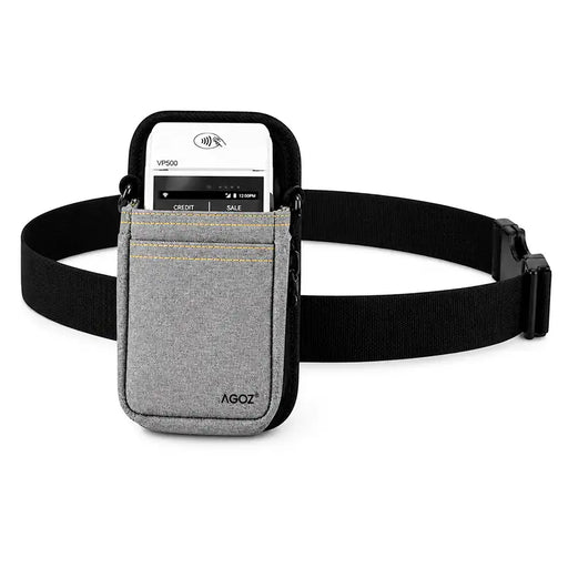 Gray Agoz Valor POS holster with adjustable black waist belt, quick-release buckle, reinforced stitching, and front storage pocket.