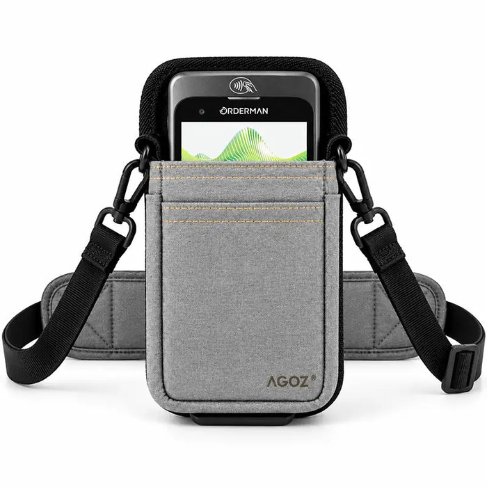 Gray Agoz Orderman POS holster with adjustable crossbody shoulder strap, secure attachment clips, and front accessory pocket for restaurant staff.