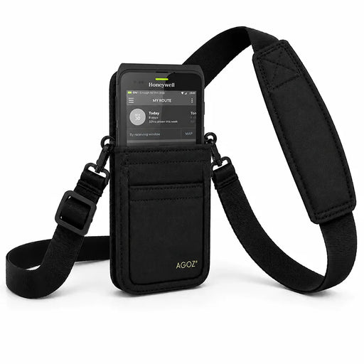 Black Honeywell shoulder sling holster with Honeywell handheld computer seated in pouch and adjustable crossbody strap.