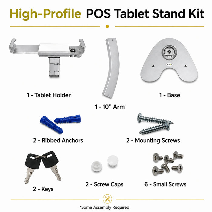 Agoz high-profile POS tablet stand kit with holder, arm, base, anchors, screws, caps, and keys.