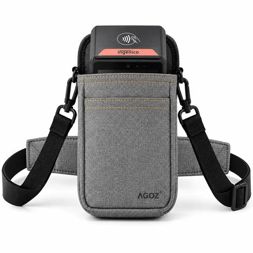 Ingenico POS payment terminal secured in a gray Agoz crossbody holster with adjustable shoulder strap.