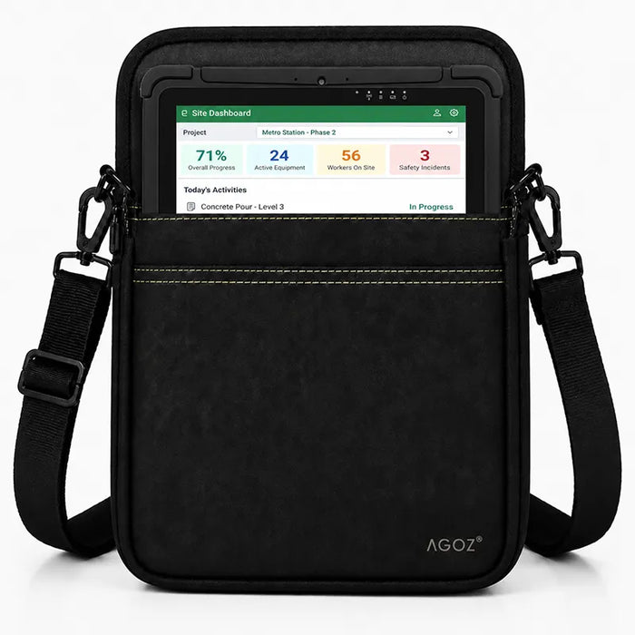 Black AgozTech tablet carrying case with shoulder sling holding a JLT rugged tablet on a white background.