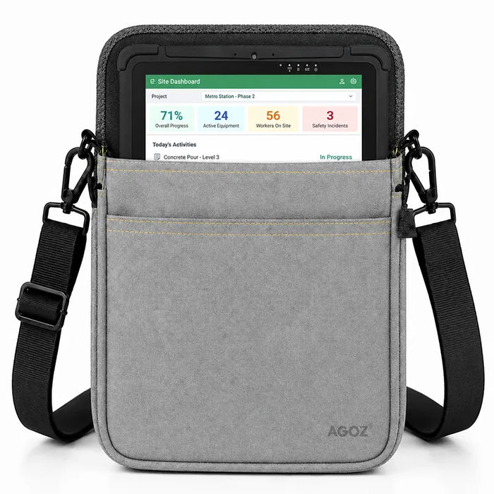 Gray AgozTech tablet carrying case with shoulder sling sized for a JLT rugged tablet.