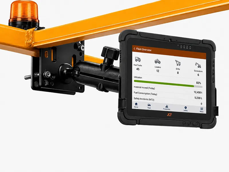 Front view of a JLT tablet mounted on an AgozTech adjustable forklift arm with an active fleet dashboard.