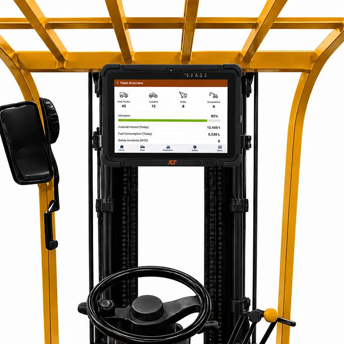 JLT rugged tablet positioned in an AgozTech forklift mount holder above the steering wheel.