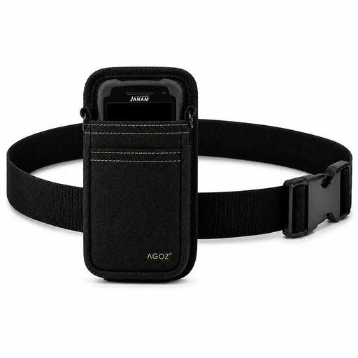 Janam waist belt case in black shown with a Janam mobile computer secured inside the front pouch and an adjustable belt strap for inventory carry.