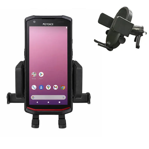 Keyence mobile computer in vehicle cradle holder with air vent mount attachment shown beside it