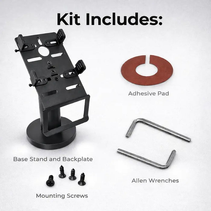 AGOZ PAX A800 countertop stand kit including base stand, backplate, adhesive pad, mounting screws, and Allen wrenches