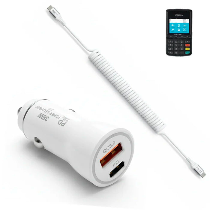 38W Fast Car Charger and USB-C Coiled Cable for Ingenico Link/2500 POS
