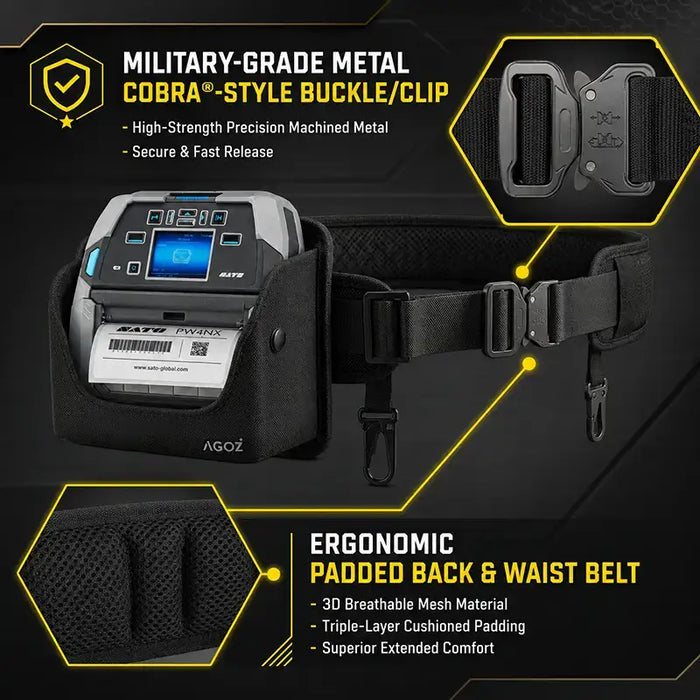 AgozTech SATO mobile printer waist belt feature graphic showing metal cobra-style buckle clip and ergonomic padded back support.