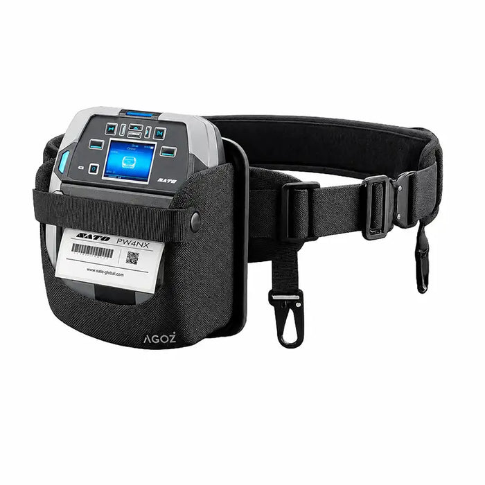 SATO mobile printer secured in an AgozTech black waist belt holster with adjustable belt, buckle clips, and front retention strap.