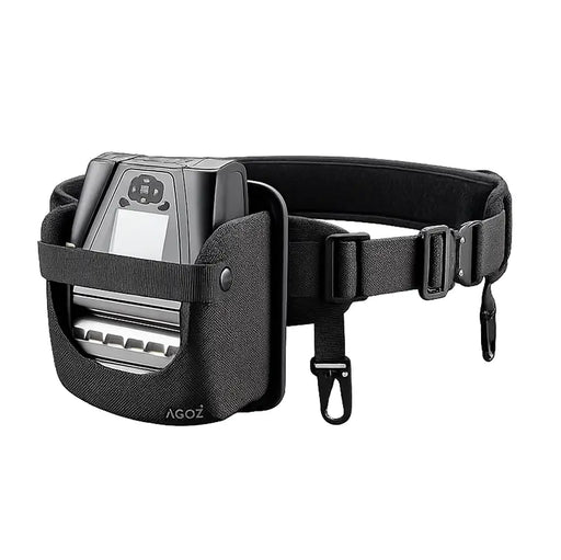 Zebra ZQ630 mobile printer in AGOZ waist belt carrying case,  shown on a clean white background.