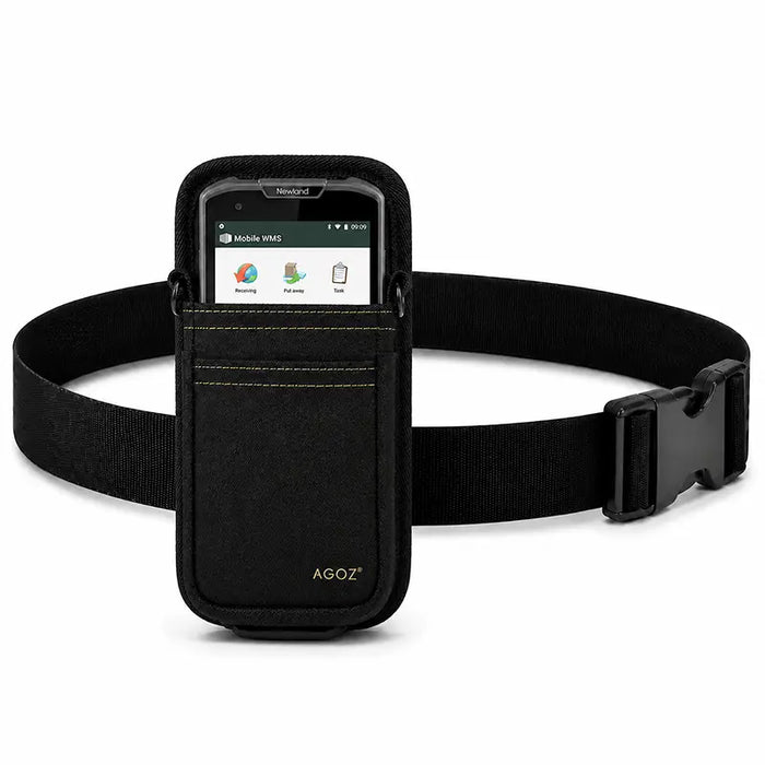 Black Newland mobile terminal waist belt holster shown with a Newland device secured in the front pouch and an adjustable waist belt for inventory movement.
