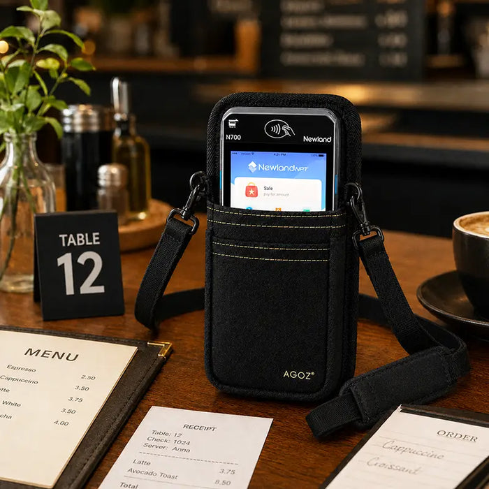 AgozTech black Newland POS crossbody sling holster with shoulder strap displayed on a hospitality service table.