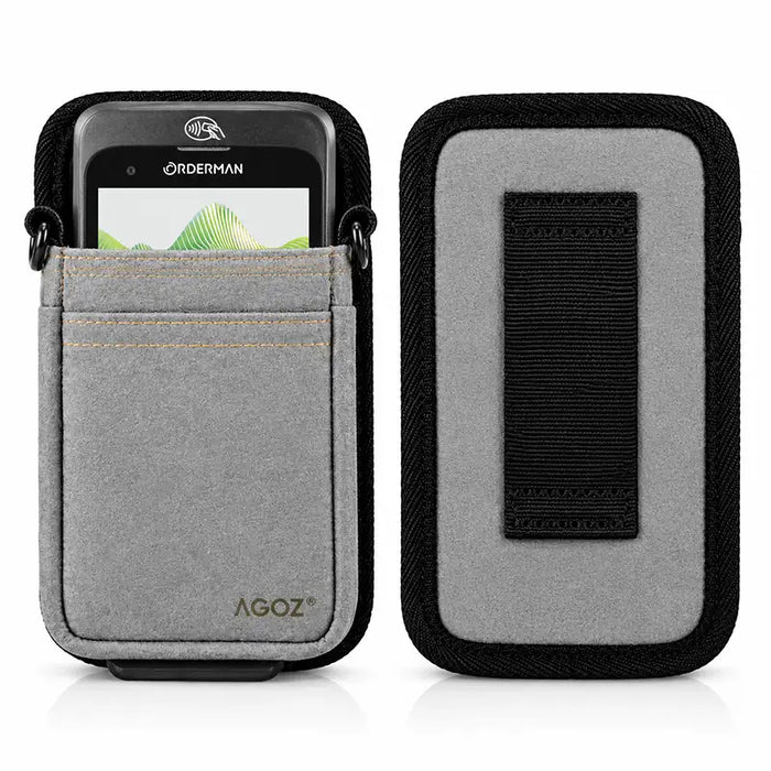 Front and rear views of gray Agoz Orderman POS holster showing the front storage pocket, protective padding, and rear belt attachment loop.