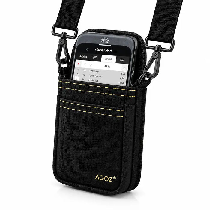 Close-up of black Agoz rugged Orderman POS holster with payment terminal, reinforced stitching, front pocket, and adjustable crossbody strap clips.