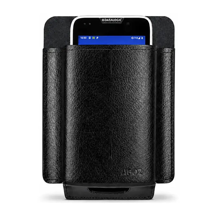 Leather Datalogic barcode scanner case with Datalogic handheld computer secured inside, shown as a clean product image for professional daily carry.