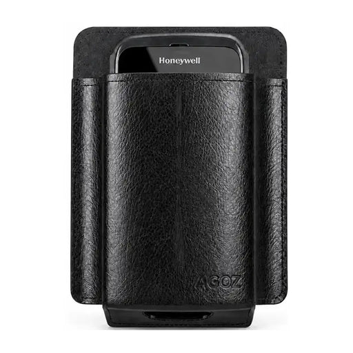 Front studio view of the leather Honeywell handheld scanner case with a Honeywell device inserted against a light gray background.