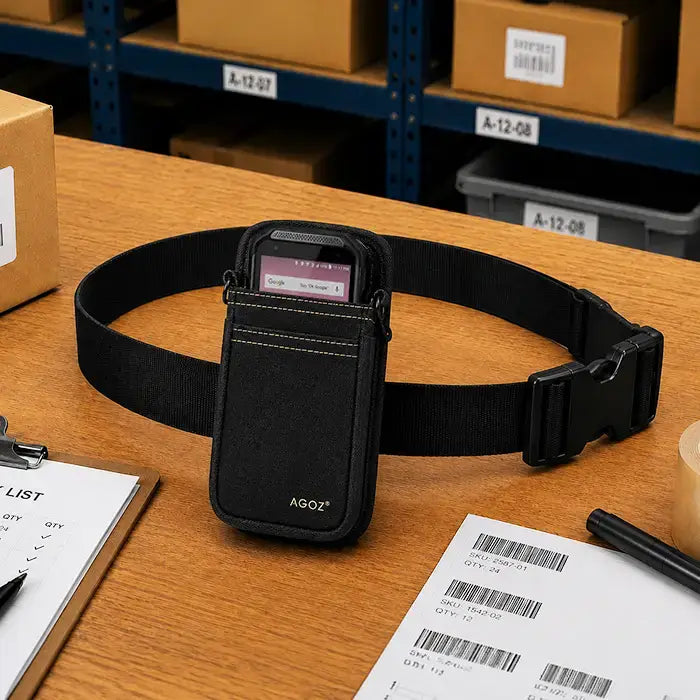 Black Point Mobile waist belt case displayed on a warehouse pick station with a Point Mobile device, pick list, barcode labels, and order processing materials.