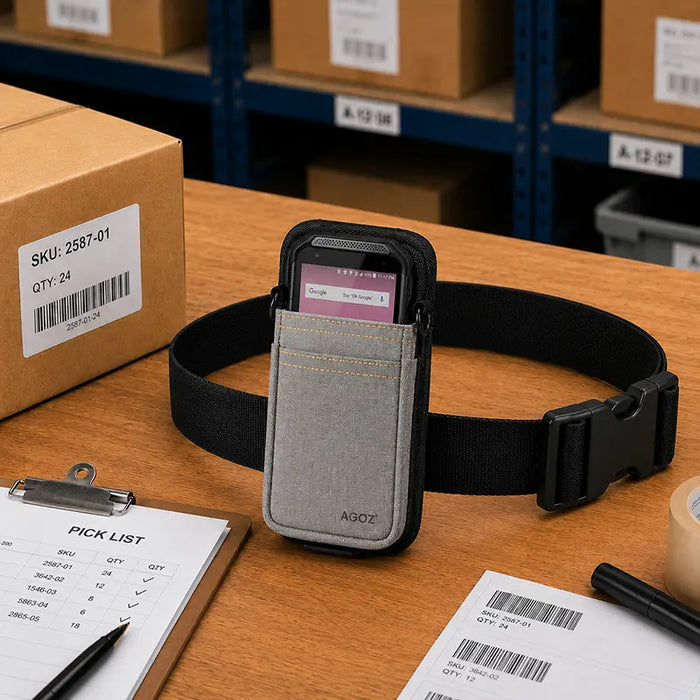 Gray Point Mobile waist belt case displayed on a warehouse pick station with a Point Mobile device, pick list, barcode labels, and packing workflow materials.