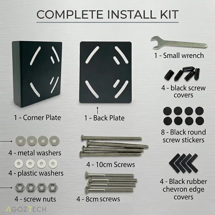 Complete install kit for AgozTech forklift printer mount with plates, screws, washers, nuts, wrench, covers, and stickers