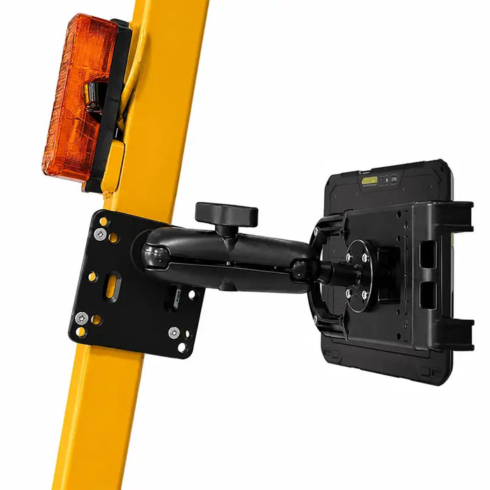Angled rear view of the Unitech RT112 forklift mount showing the articulating arm and secure tablet cradle