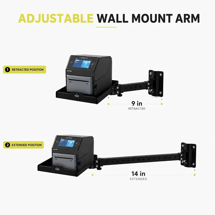 Adjustable wall mount arm graphic showing SATO printer shelf in 9-inch retracted and 14-inch extended positions.