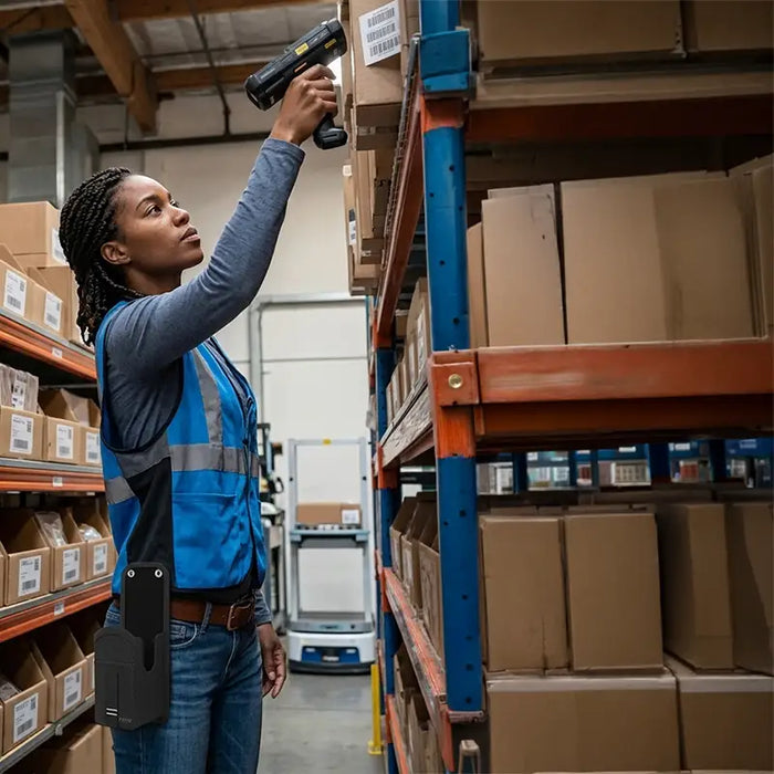 Worker wearing CipherLab RK95 pistol-grip holster while scanning high-shelf inventory in a warehouse aisle.