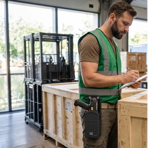 Warehouse worker wearing an AgozTech waist belt holster with a Keyence scan gun while inspecting shipping crates.