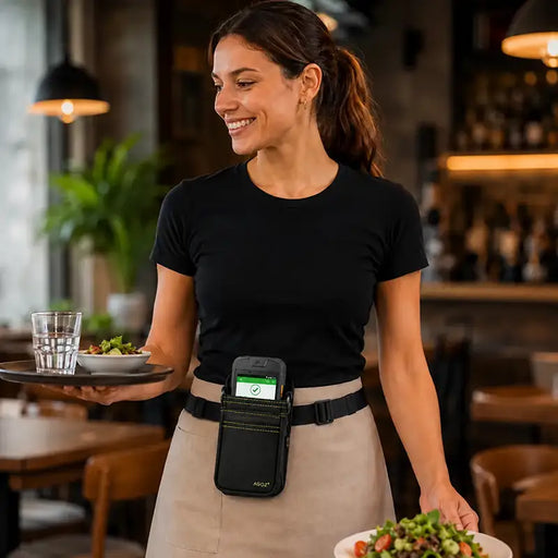 Restaurant server carrying food while wearing an Agoz black Urovo POS terminal holster with adjustable waist belt, keeping the handheld payment device accessible during table service.