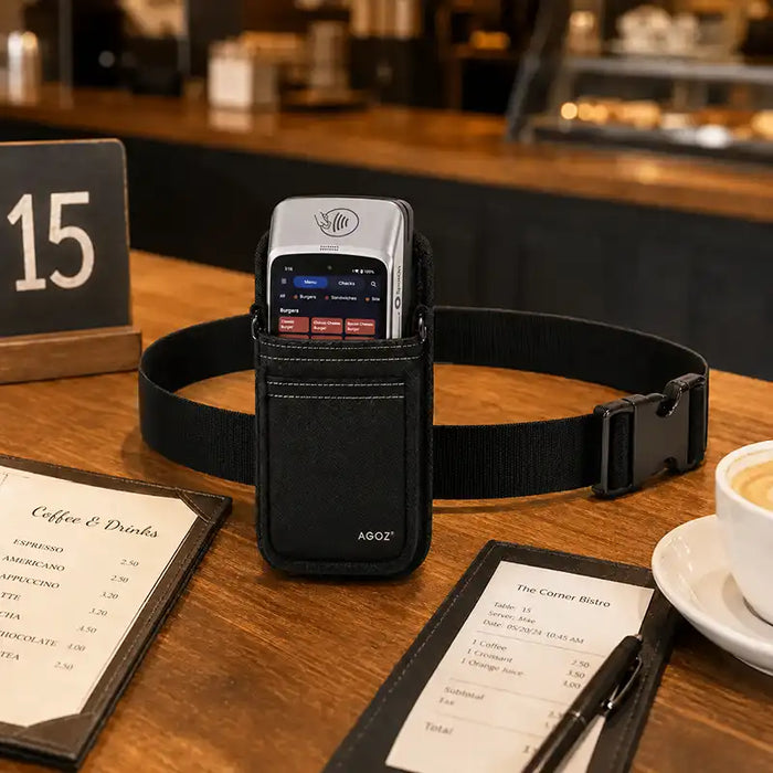 Agoz waist belt carrying case with SpotOn payment terminal displayed on a restaurant table beside menus and a guest check.