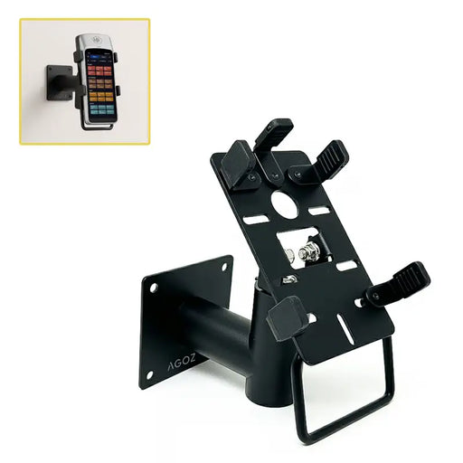 AgozTech wall mount POS stand with SpotOn Handheld terminal shown beside the adjustable black metal holder
