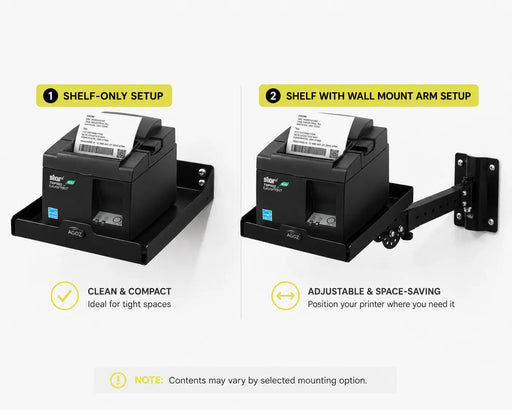 AgozTech Star Micronics printer wall mount shelf shown in shelf-only and swing arm setup options