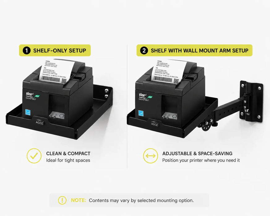 AgozTech Star Micronics printer wall mount shelf shown in shelf-only and swing arm setup options