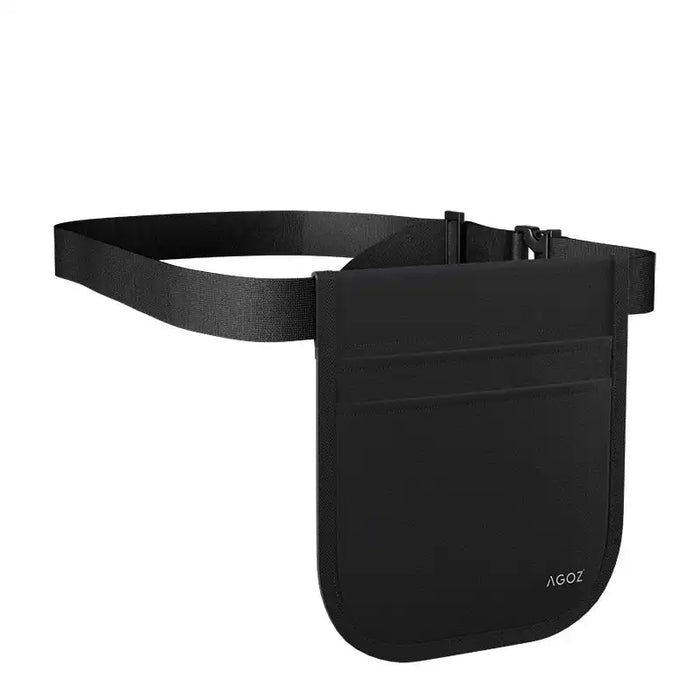 Angled view of black Agoz server apron pouch with adjustable waist belt for Stripe Reader S700 and S710