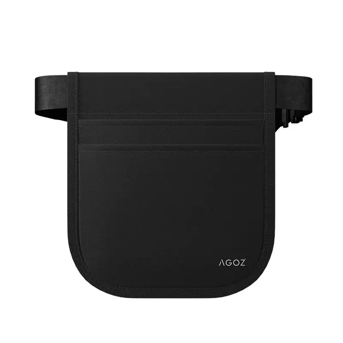 Front view of black Agoz server apron pouch with multiple storage pockets for Stripe Reader S700/S710