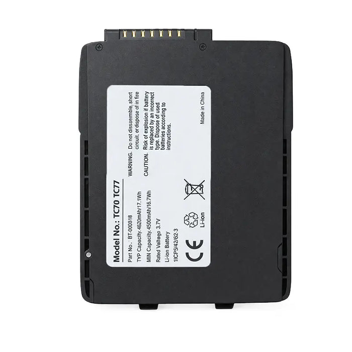 Back view of replacement battery for Zebra TC7x handheld scanner with contact pins visible