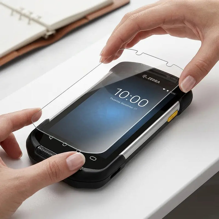 Tempered glass screen protector being aligned onto Zebra TC70 / TC72 / TC75 rugged mobile computer display