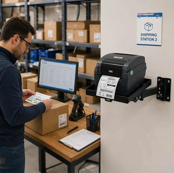 Warehouse employee applying shipping labels near an AgozTech black wall mount printer shelf holding a TSC desktop label printer at a packing station.